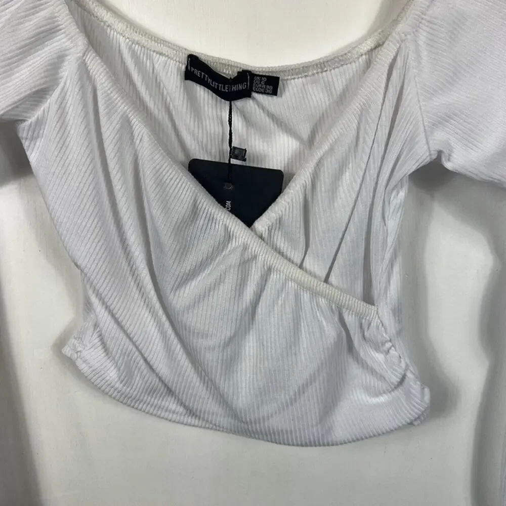 Shape White Wrap Bardot Ribbed Crop Top Pretty Little Thing Sz 2